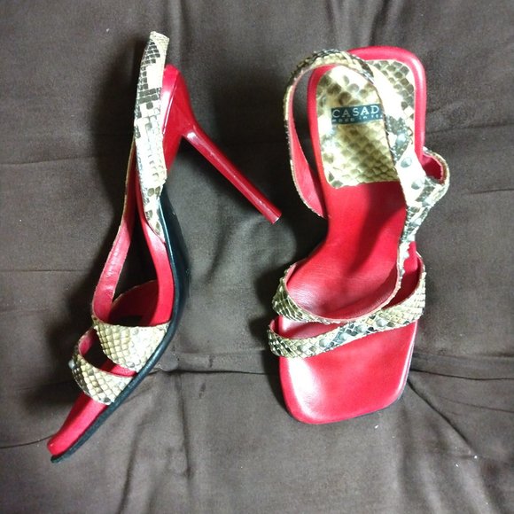 ❤️Vintage CASADEI Italy Designer Red Snake/Studded Square Toe Heels Shoes size 5 - Picture 1 of 11